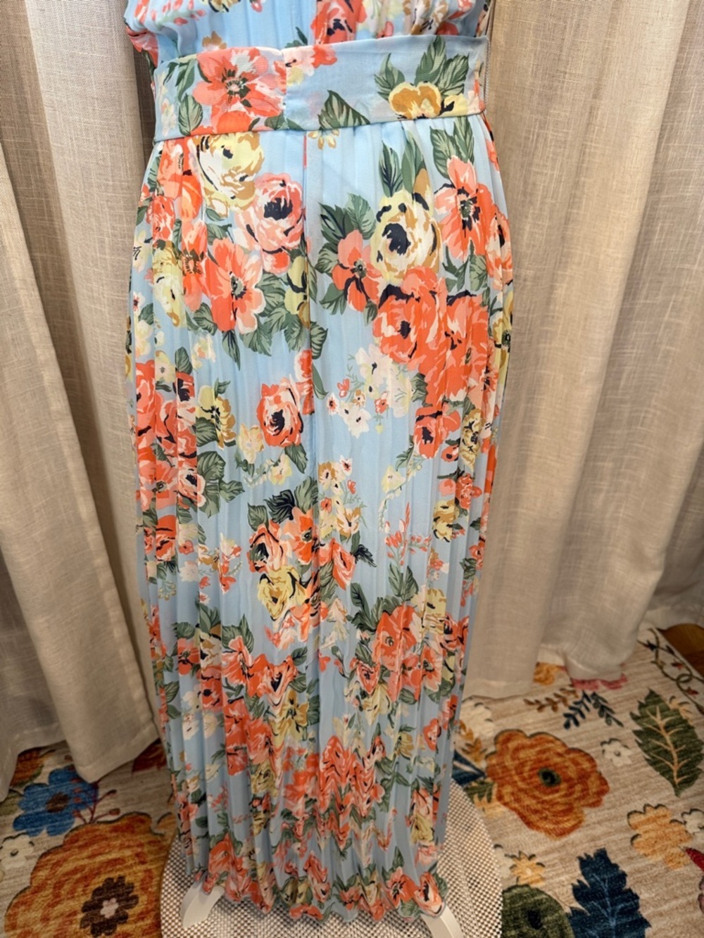 B Darlin Light Blue Floral Halter Maxi Dress with Coral & Yellow Blooms - Picture 7 of 13